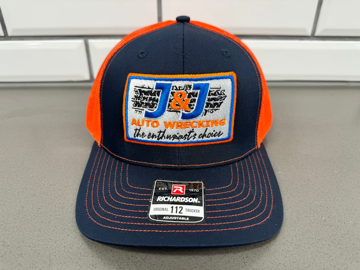 J&J Navy & Orange Embroidered Richardson 112 Trucker Adjustable Hat with Free Shipping