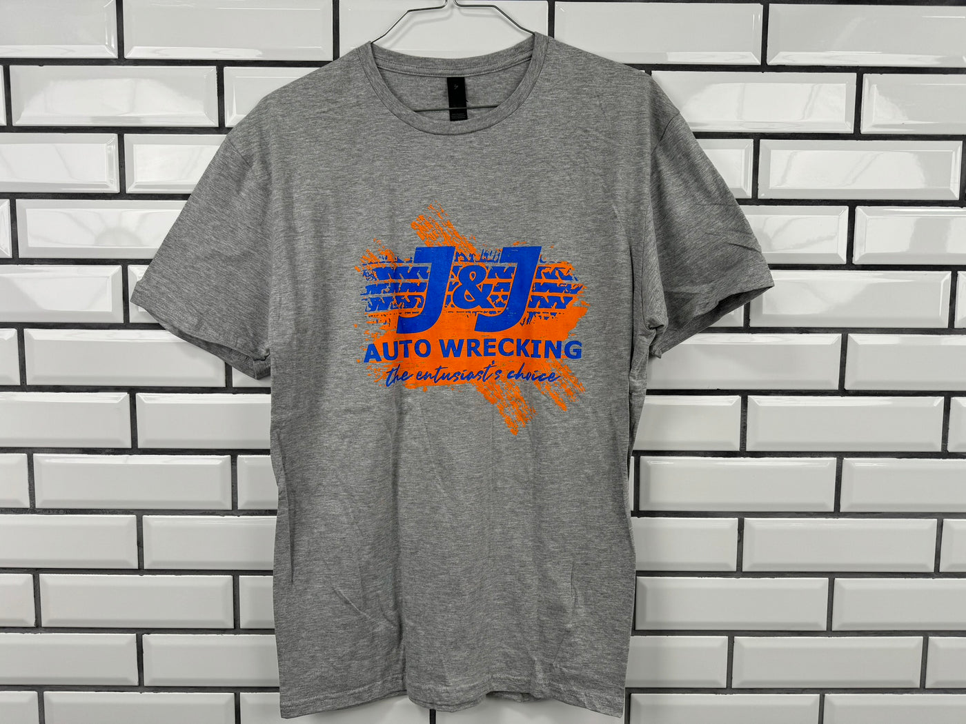 J&J Light Gray with Splash Style Orange/Blue Logo Gilden Soft Style Short Sleeved Shirt with Free Shipping