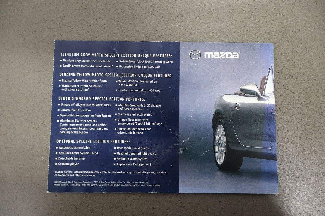 2002 Mazda Miata NB Special Edition Owners Manual & Warranty Info
