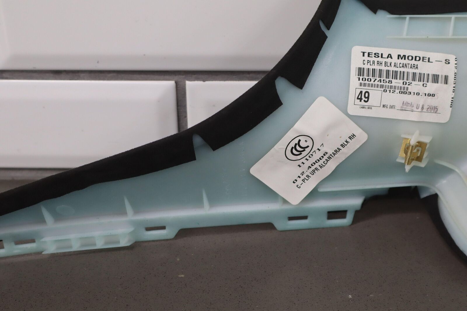 1220 Tesla Model S Passenger Right Upper Interior C Pillar Trim (Black Suede) J & J Auto Wrecking