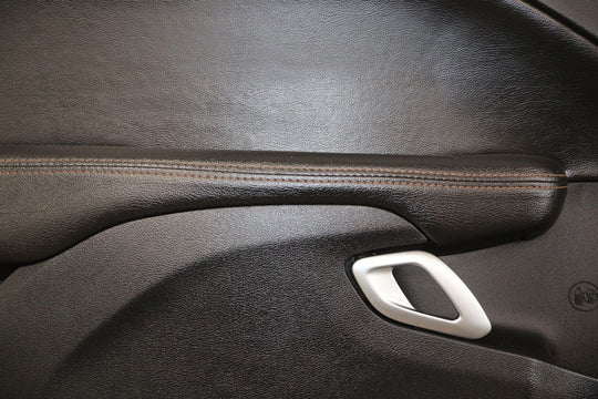 15-18 Dodge Challenger Left LH Leather Door Trim Panel (Black/Brown Stitch)